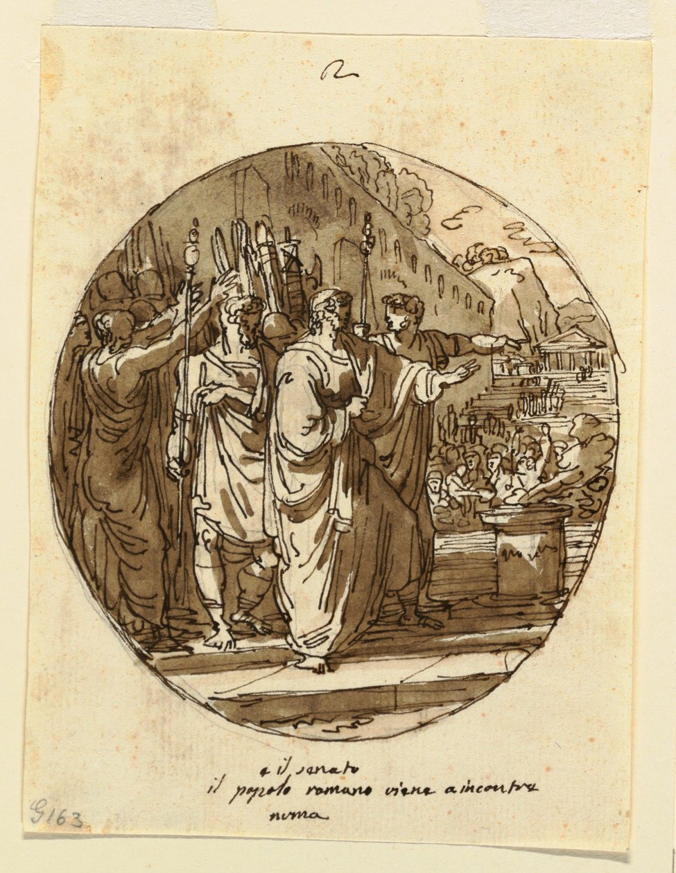 Zeichnung, Deckengestaltung für Numa Pompilius, der nach seiner Wahl in Rom willkommen geheißen wird, Sala di Numa Pompilio, Palazzo Milzetti, Faenza, 1804–05 von Felice Giani