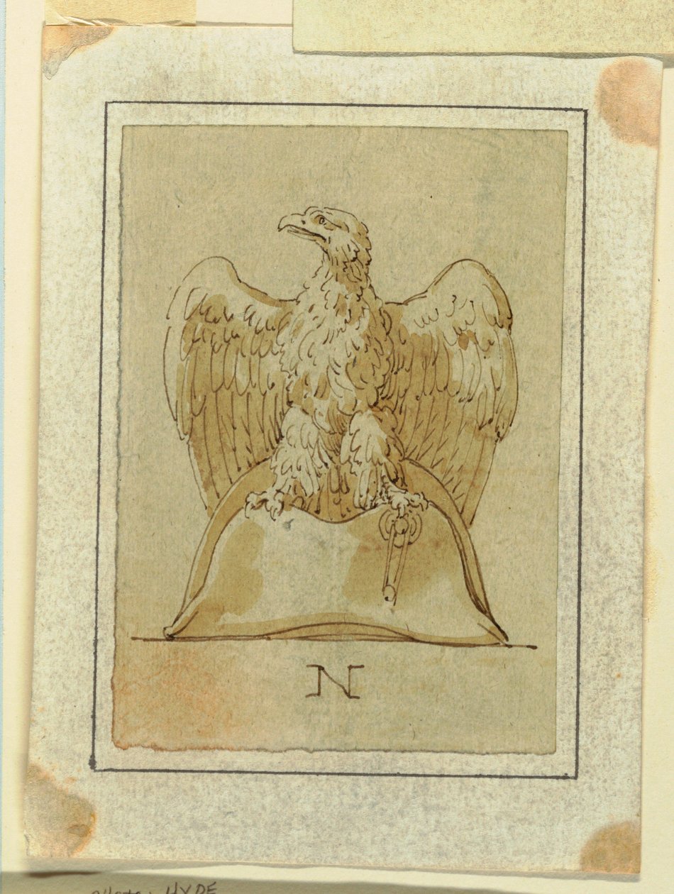 Zeichnung, Entwurf: Adler dargestellt, mit umgekehrten Flügeln, stehend auf einem französischen Zweispitz, ca. 1800 von Felice Giani