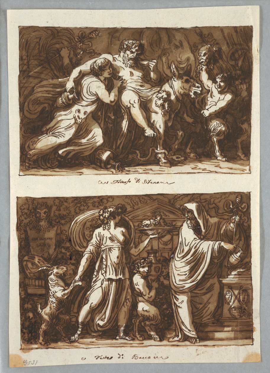 Blatt aus einem Skizzenbuch: Der Triumph des Silenus; Opfer für Bacchus, 1800–1810 von Felice Giani