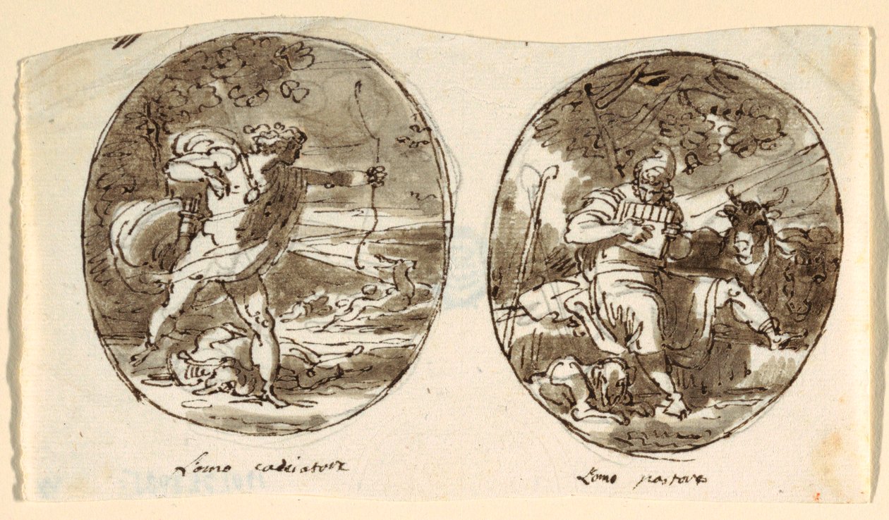 Mensch der Jäger, Mensch der Hirte, Entwurf für Gewölbedecke, Sala dei Legislatori, Palazzo Conti-Sinibaldi, Faenza von Felice Giani
