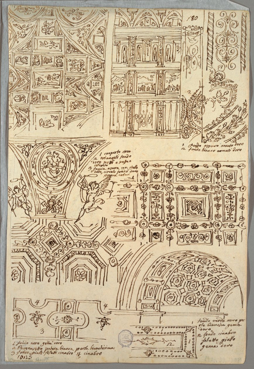 Sieben Studien von viereckigen Decken; Verso: Zwei anatomische Studien von Armen von Felice Giani