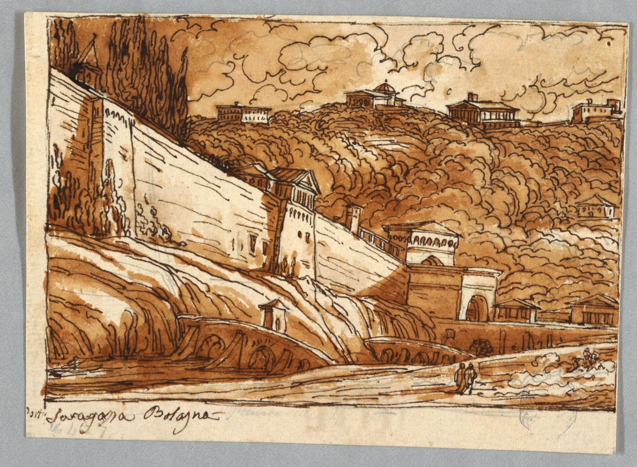 Skizzenbuchseite, Folio 57: Studie nach Porta di Saragossa in Bologna; Verso, Architekturdetails von Felice Giani