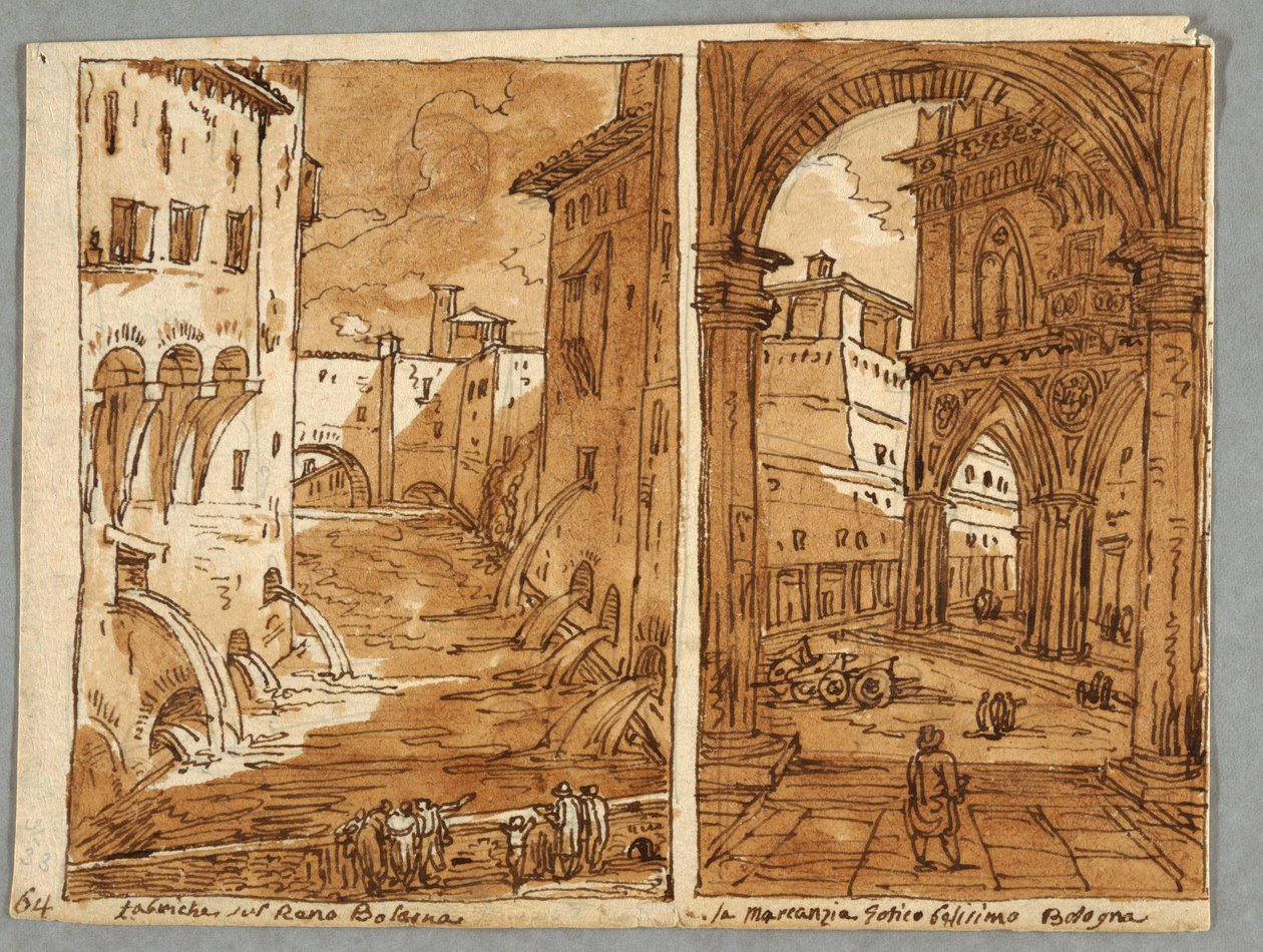 Skizzenbuchseite, Folio 64: Studie nach Bologneser Architektur und Skulptur; Verso: Geometrische Designs von Felice Giani