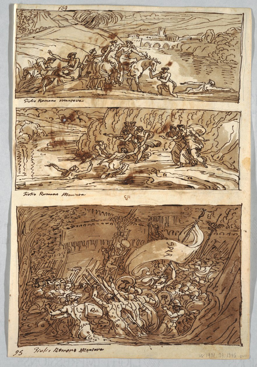 Skizzenbuchseite, Folio 95: Drei Gemälde nach Giulio Romano; Verso: Löwe und Adler von Felice Giani