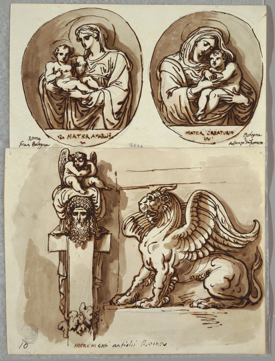 Zwei Zeichnungen der Madonna und des Kindes in Ovalen, Studien nach Giambologna und Alfonzo da Ferrero; Herm und Chimäre, nach Antike von Felice Giani