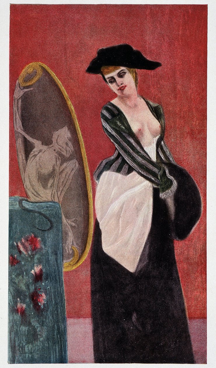 Der Dämon der Habgier: eine monströse Reflexion einer Frau, die sich im Spiegel betrachtet, „Felicien Rops“ von Rudolf Klein von Félicien Rops
