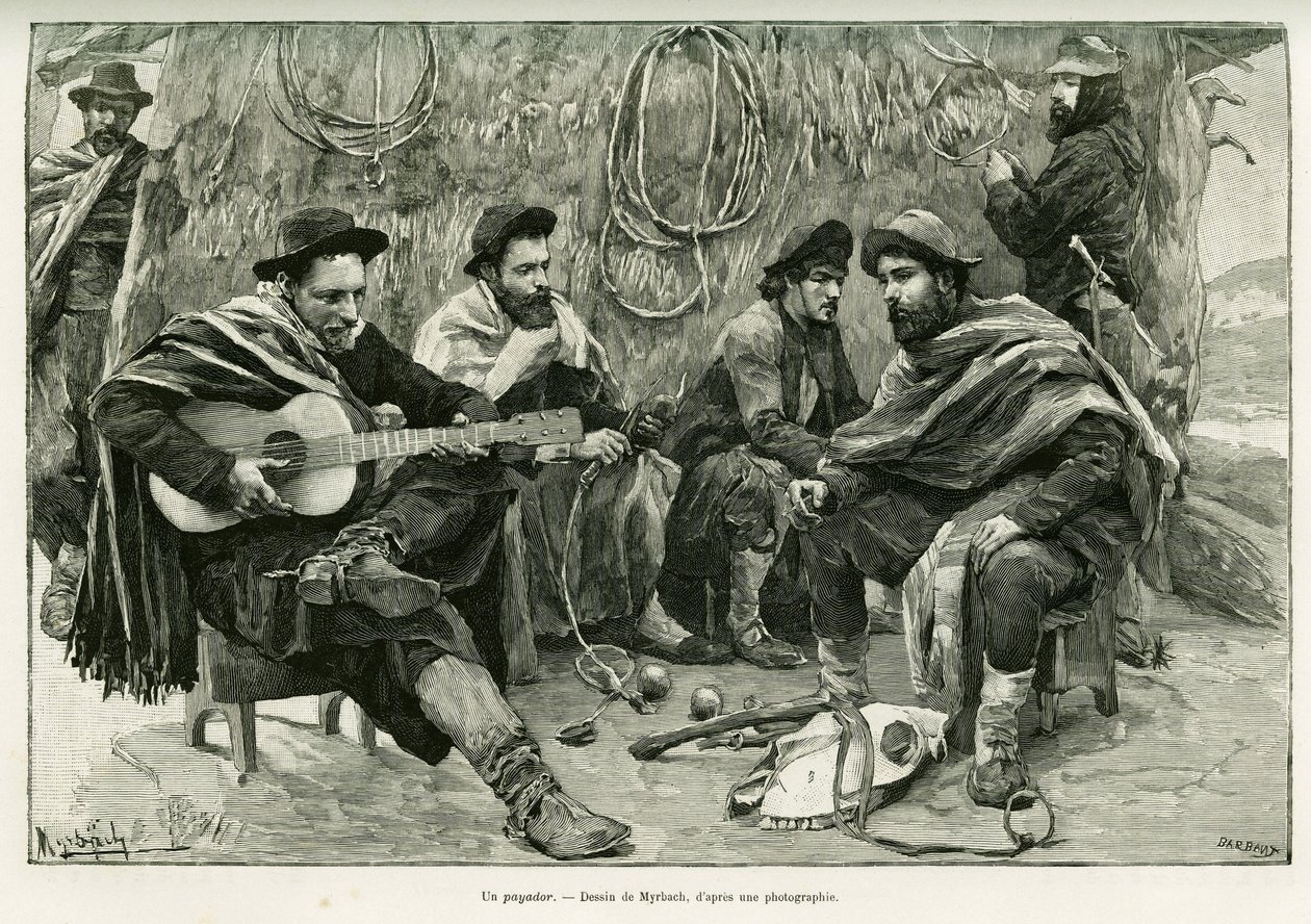 Ein Payador, Duell in Versen von Wandersängern. Gravur von Myrbach zur Illustration der Geschichte Voyage à la Plata, 1886, von Emile Daireaux, in Le Tour du monde 1888, unter der Leitung von Edouard Charton (1807-1890), Hachette, Paris. von Felicien baron de Myrbach Rheinfeld
