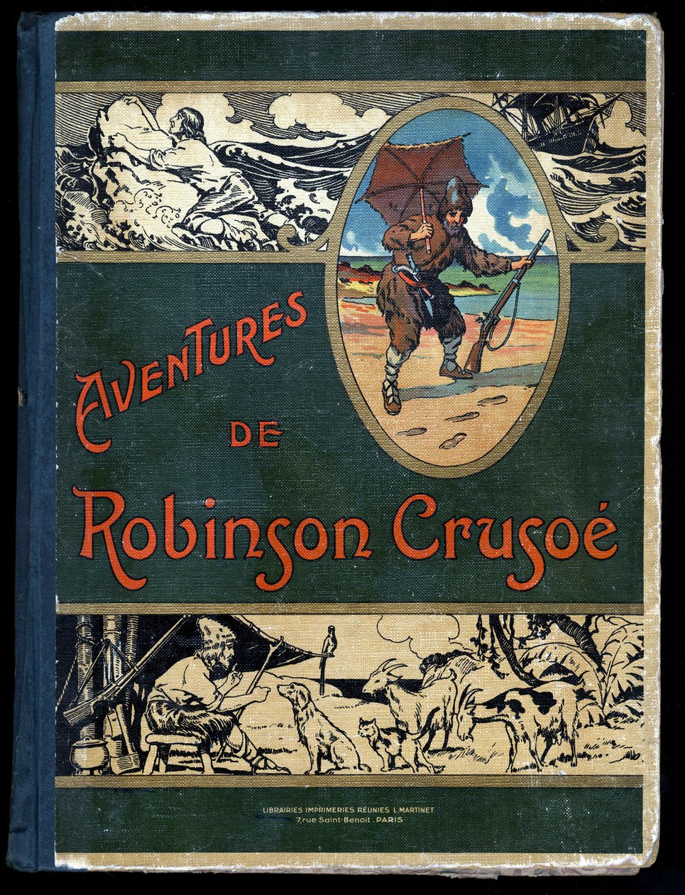 Buchumschlag Robinson Crusoe: Illustration von Felician MYRBACH MYRBACH RHEINFELD (1853-1940) für das Buch von Daniel Defoe (De foe) Robinson Crusoe. Bibliotheque de la Jeunesse et de l