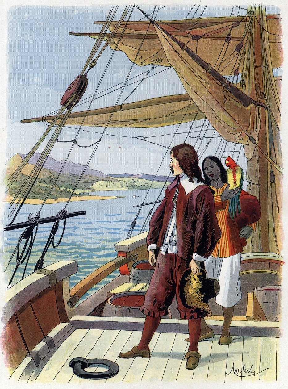 Robinson Crusoe verlässt seine Insel - Illustration von Felician MYRBACH MYRBACH RHEINFELD (1853-1940) für das Buch von Daniel Defoe Robinson Crusoe. Kein Datum. Um 1934 von Felicien baron de Myrbach Rheinfeld