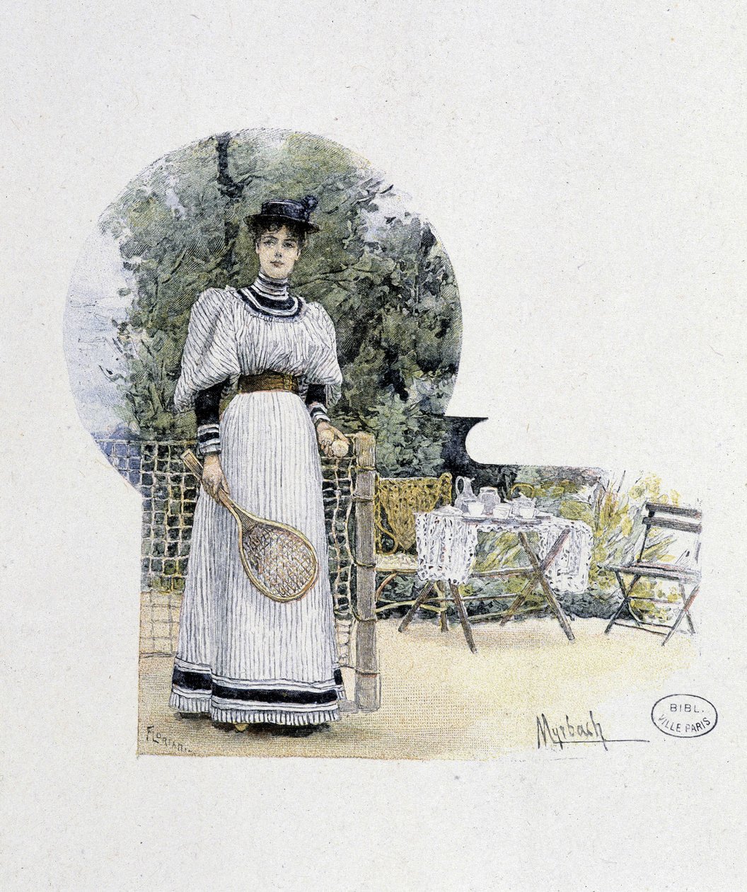 Junge Frau auf einem Tennisplatz - Gravur, Ende 19. Jahrhundert von Felicien baron de Myrbach Rheinfeld