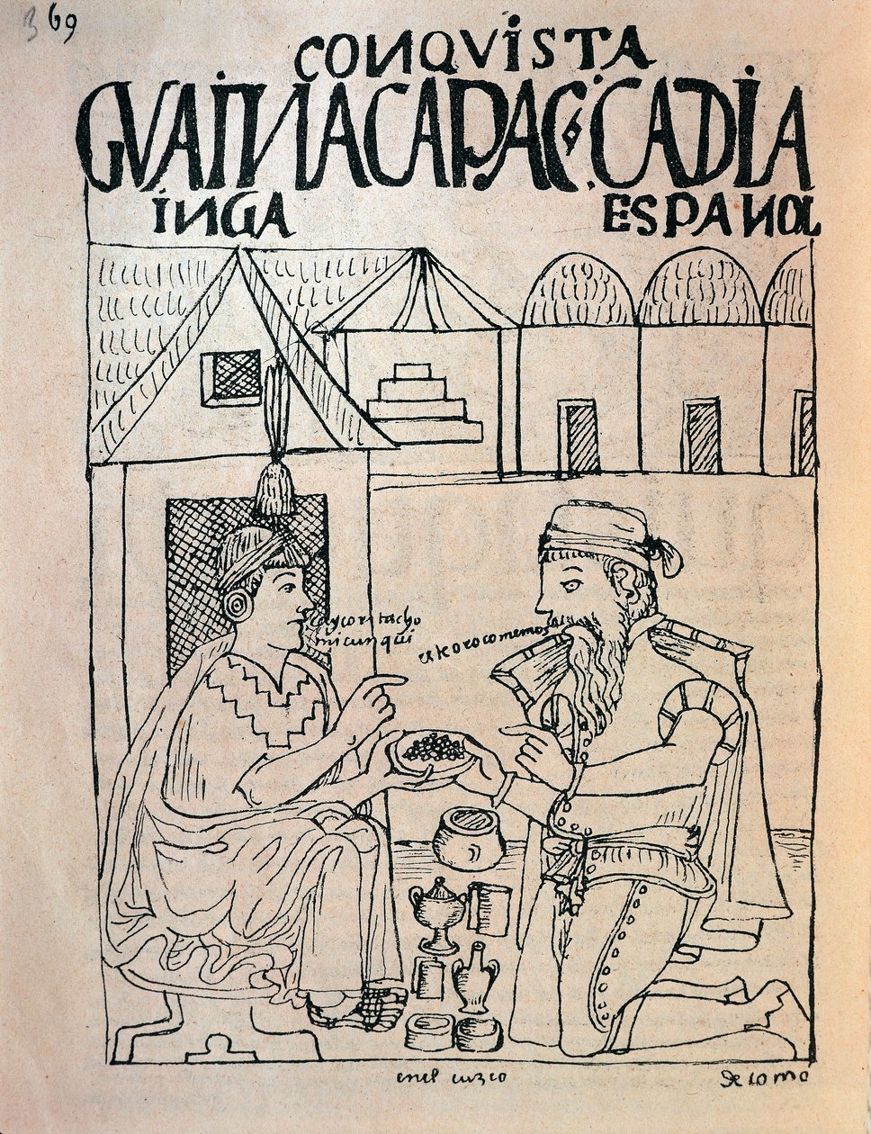 Inka aus Cuzco und englischer Konquistador, der Geschenke im Austausch für die Freiheit des Inka-Kaisers Atahualpa erhält von Felipe Huaman Poma de Ayala
