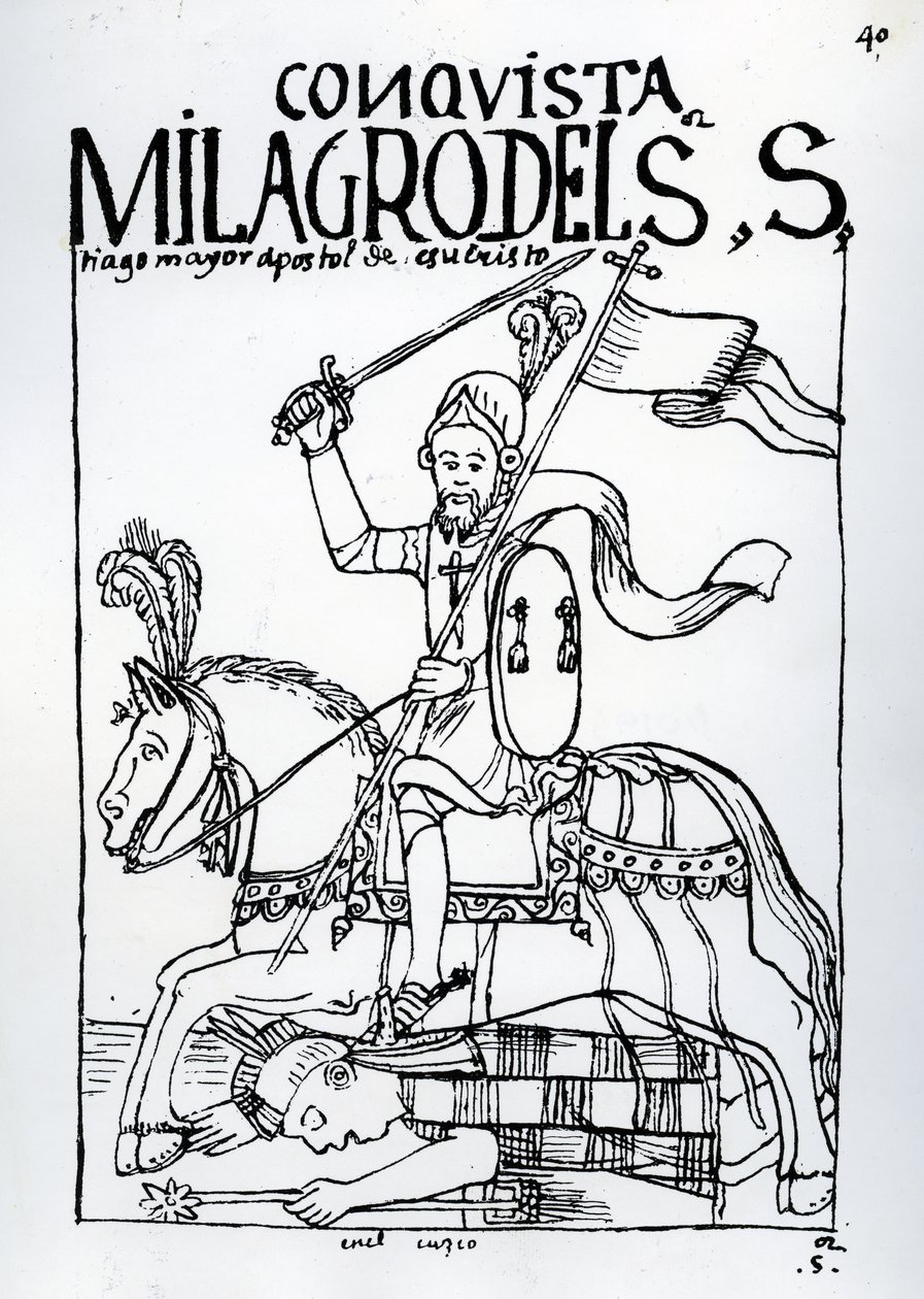Das wunderbare Eingreifen des Heiligen Jakobus des Apostels bei der Eroberung Amerikas von Felipe Huaman Poma de Ayala