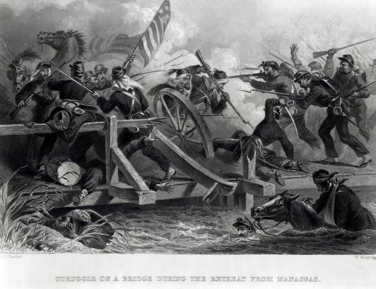 Kampf auf einer Brücke während des Rückzugs von Manassas, Juli 1861, graviert von W. Ridgway, 1862 von Felix Octavius Carr Darley