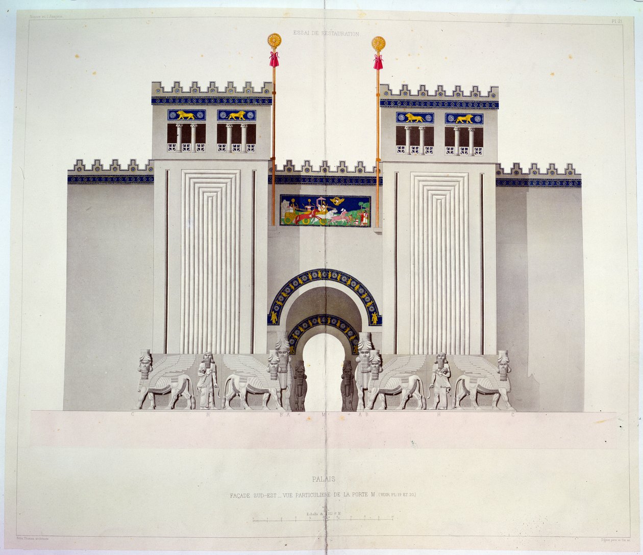 Rekonstruktion des Eingangs des Palastes von Sargon II (721-705 v. Chr.) in Khorsabad, Irak, 1867 von Felix Thomas