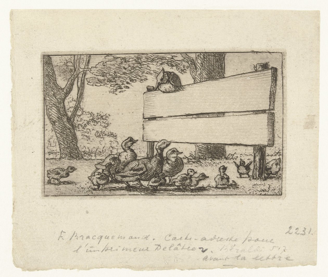 Adresskarte mit Enten bei einem Holzzaun für den Drucker Delâtre von Felix Bracquemond