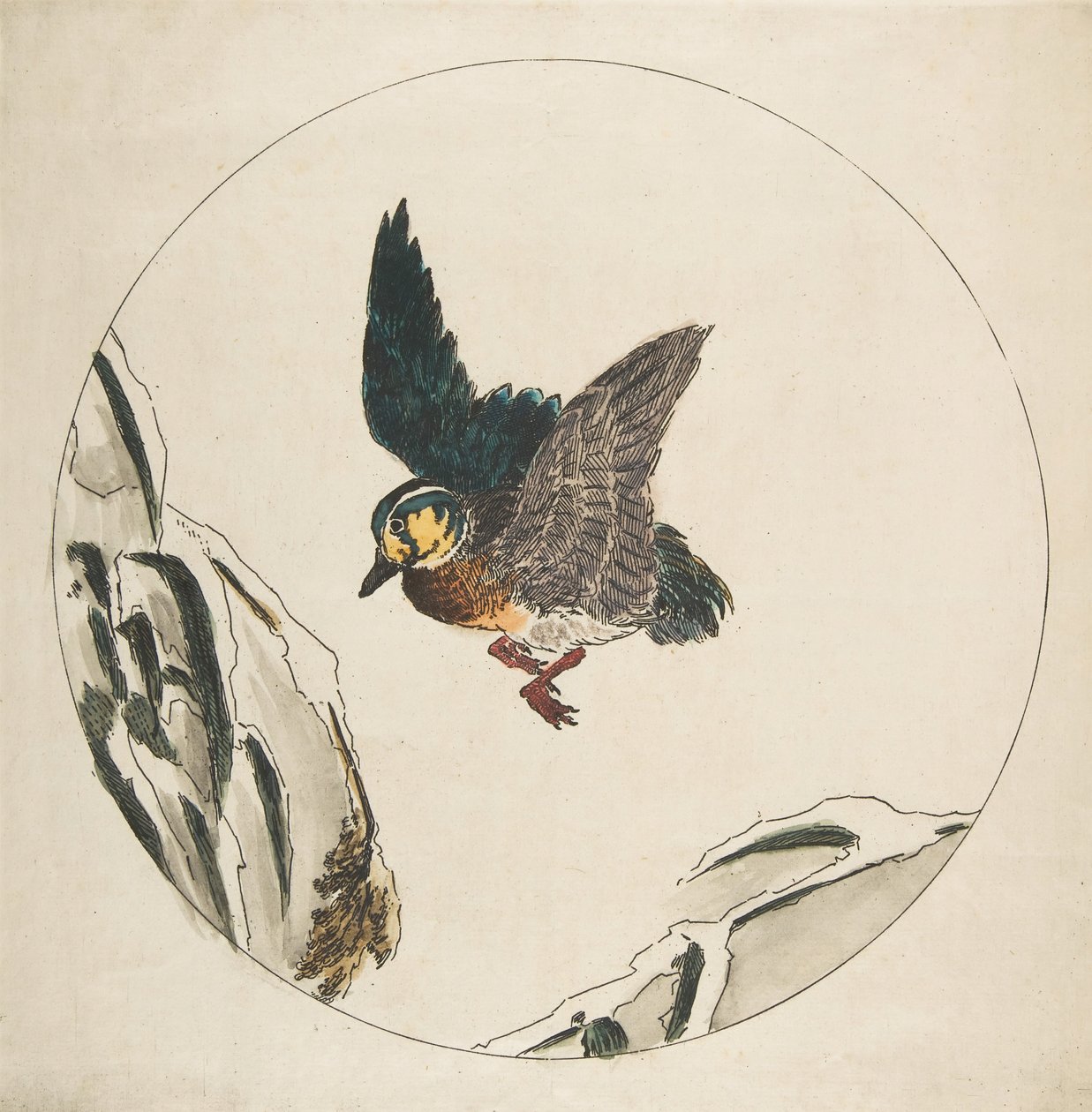 Dekoration für einen Teller: Eine Ente fliegt über schneebedeckte Zweige, 1850-1914 von Felix Bracquemond