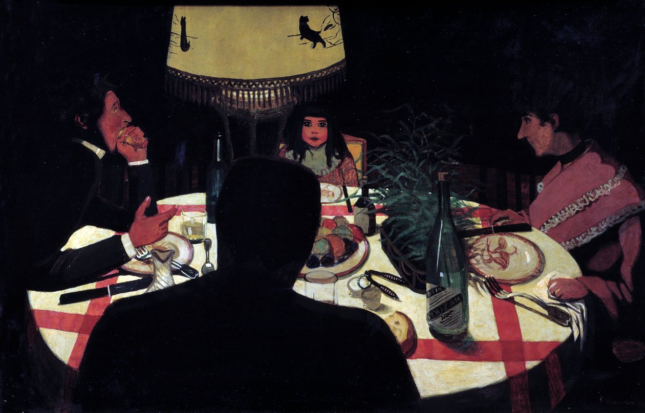 Abendessen, Lampeneffekt. Darstellung des Malers umgeben von seiner Frau und seinen schönen Kindern von Felix Edouard Vallotton
