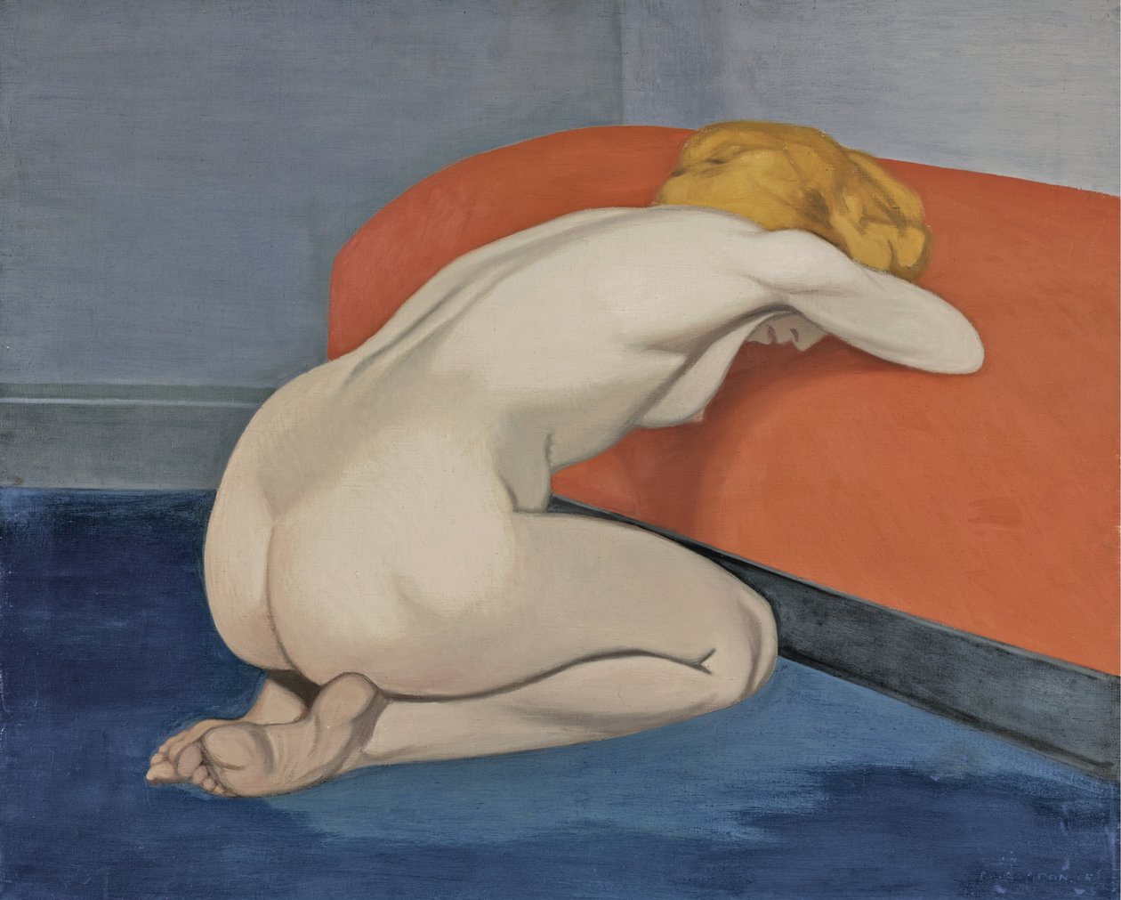 Nackte Frau kniet vor einer roten Couch, 1915 von Felix Edouard Vallotton