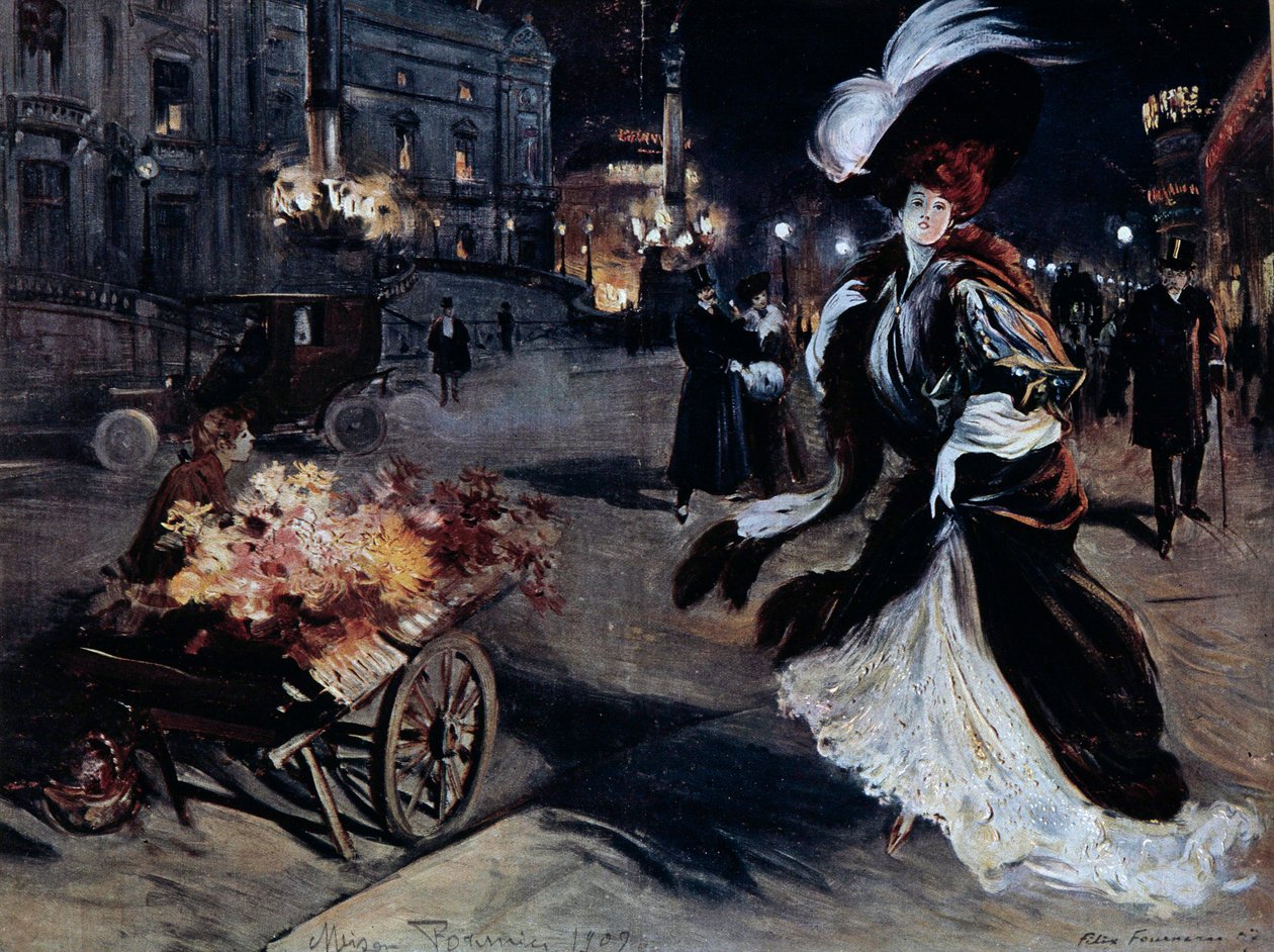 Belle Epoque: Frau in Egrets in einer Pariser Straße bei Nacht von Felix Fournery
