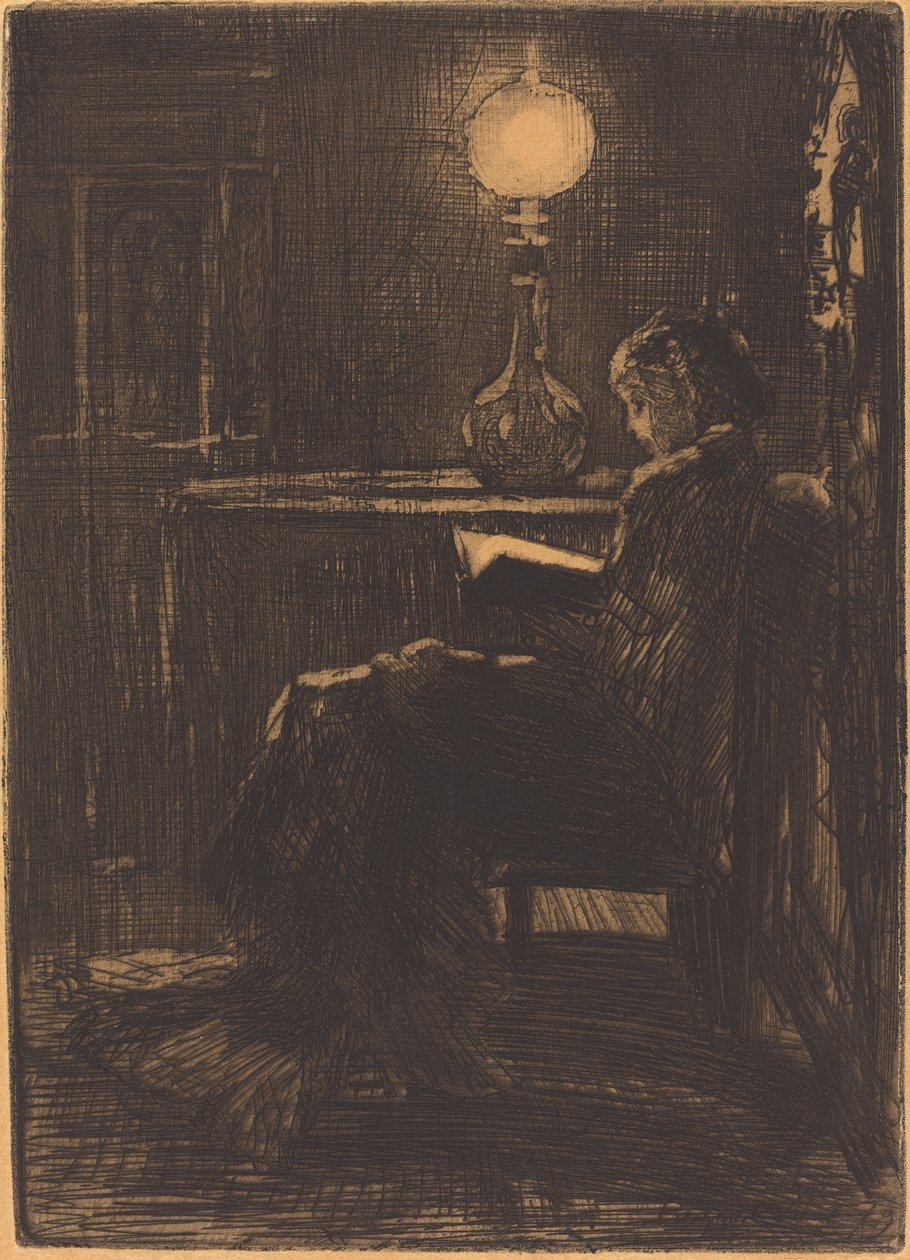 Leserin bei Lampe von Felix Hilaire Buhot