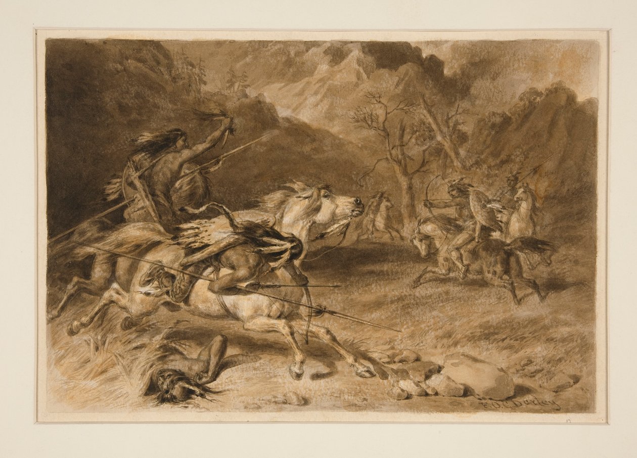 Zeichnung für Die Begegnung (Indianerkampf zu Pferd) von Felix O. C. Darley