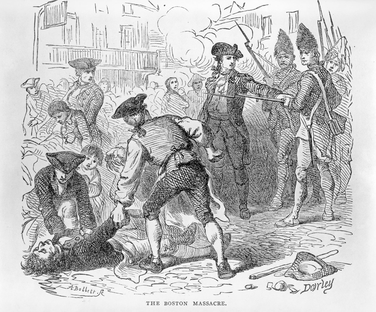 Das Massaker von Boston, 5. März 1770, graviert von A. Bollett von Felix Octavius Carr Darley