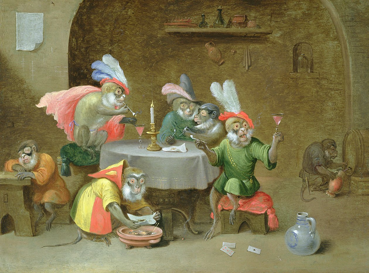 Eine Tavernen-Innenansicht mit Affen, die trinken und rauchen von Ferdinand van Kessel