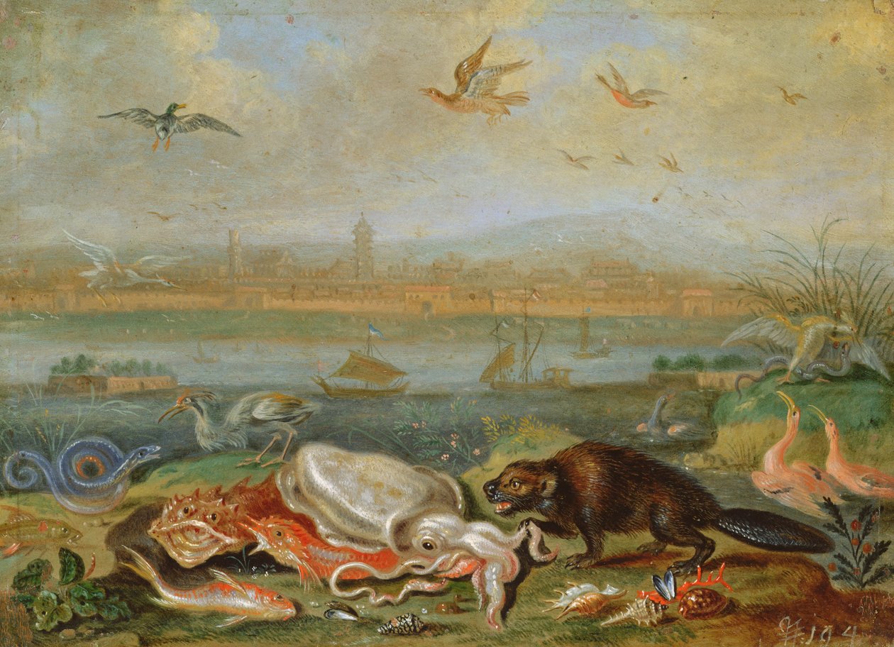 Kreaturen von den vier Kontinenten in einer Landschaft mit Blick auf Kanton im Hintergrund von Ferdinand van Kessel