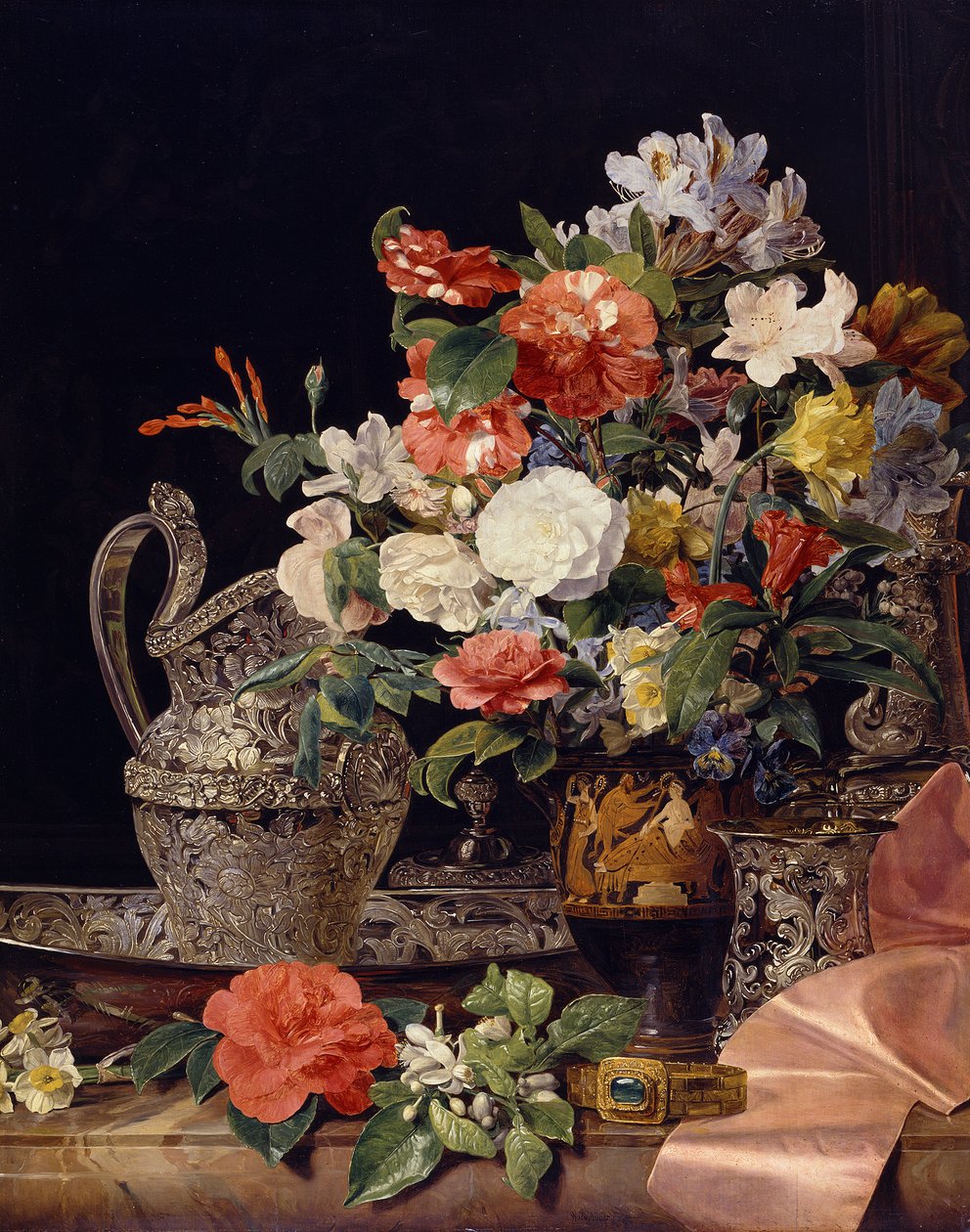 Blumenstrauß mit Silbergefäßen und antiker Vase von Ferdinand Georg Waldmüller