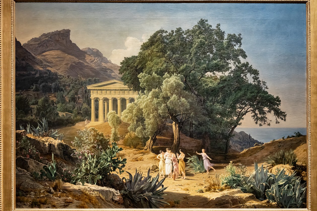 Ein dorischer Tempel mit Castelmola und Taormina im Hintergrund von Ferdinand Georg Waldmuller
