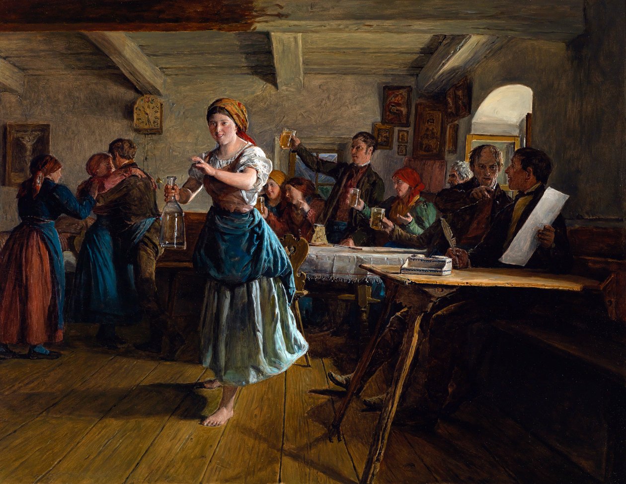 Der Eröffnungstanz. Szene in einem Café, die Kellnerin, fröhlich und barfuß, tanzt mit einer leeren Karaffe in der Hand. Um sie herum stoßen die Gäste mit ihren Bierkrügen an, auf das Wohl eines Paares. von Ferdinand Georg Waldmuller
