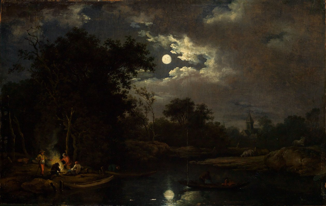Mondscheinlandschaft mit Fischern am Lagerfeuer von Ferdinand Kobell