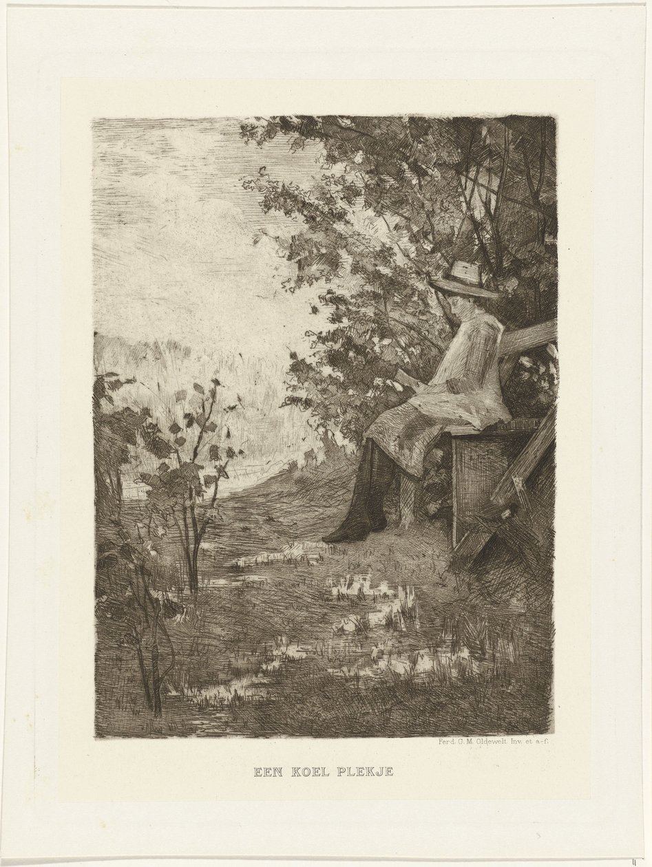 Lesender Junge auf einer Bank von Ferdinand Oldewelt