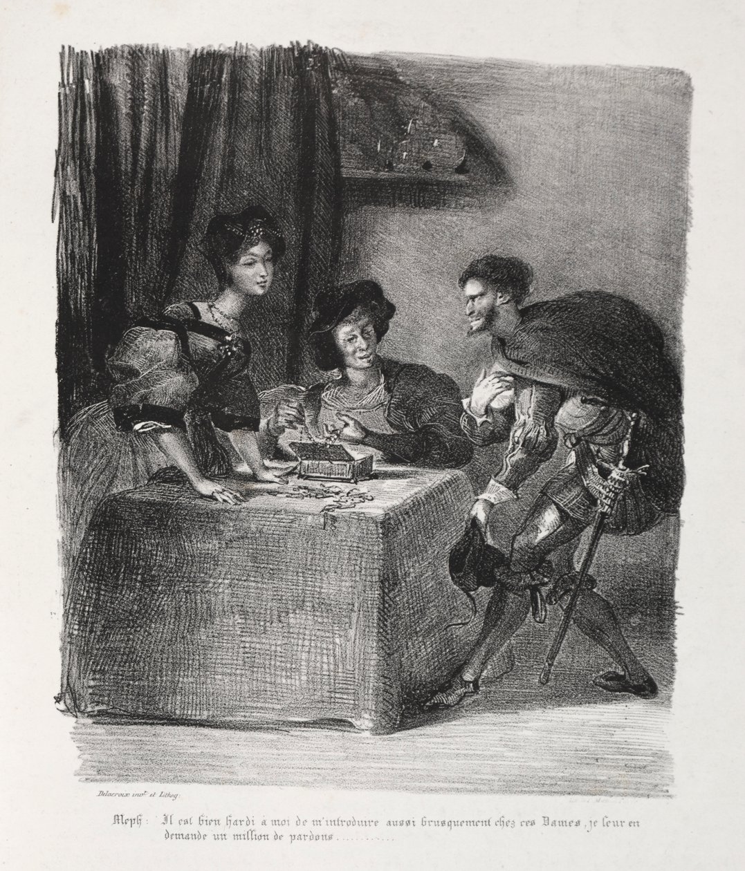 Illustrationen zu Faust: Méphistophélès bei Marthe, 1828 von Ferdinand Victor Eugene Delacroix
