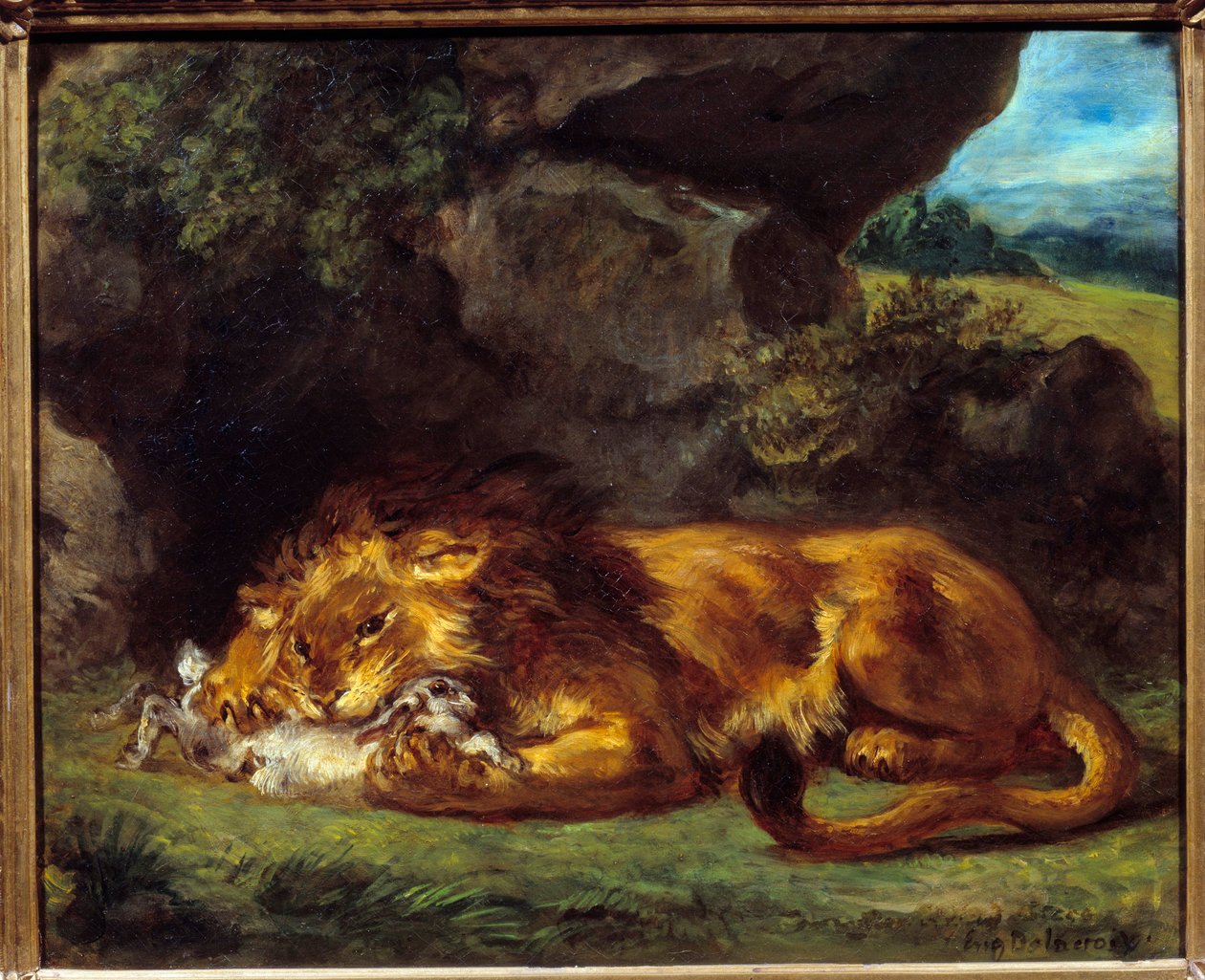 Löwe schlägt ein Kaninchen von Ferdinand Victor Eugene Delacroix