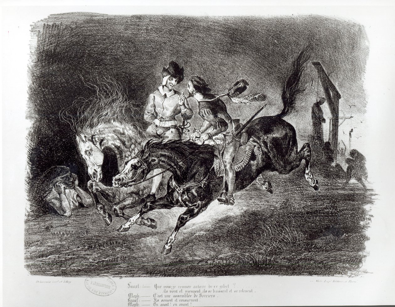Mephistopheles und Faust reiten in der Nacht, Illustration für Faust von Goethe, 1828 von Ferdinand Victor Eugene Delacroix