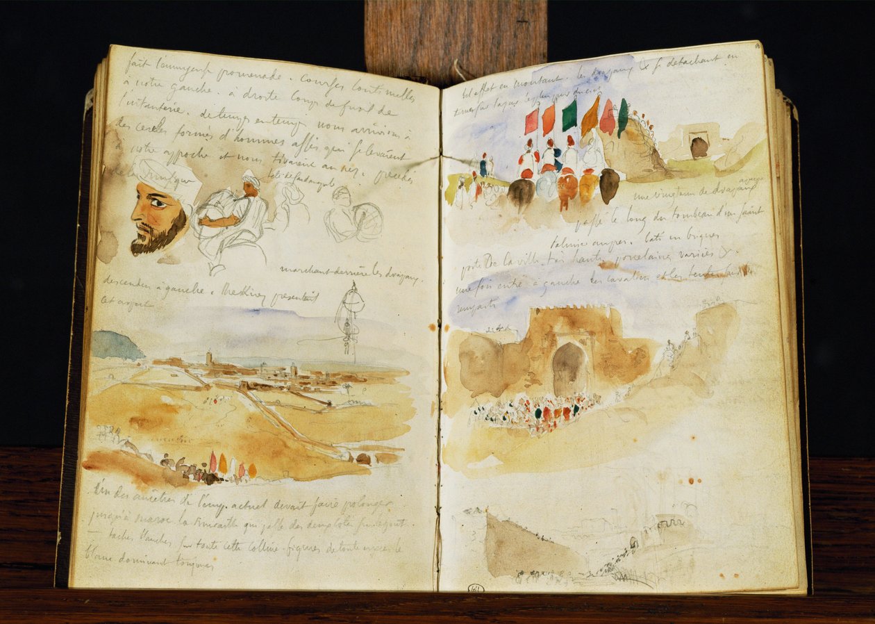 Skizzen von Arabern, Landschaften von Marokko, arabische Menschenmengen, Tor von Meknes und handschriftliche Notizen von Ferdinand Victor Eugene Delacroix