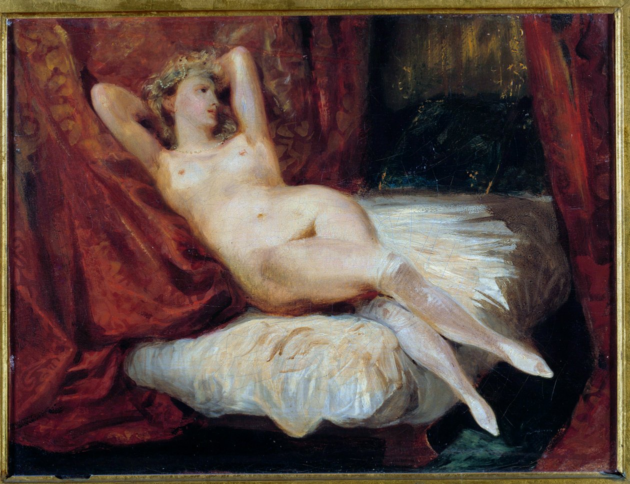 Studie einer nackten Frau auf einer Couch liegend, genannt die Frau mit weißen Strümpfen von Ferdinand Victor Eugene Delacroix