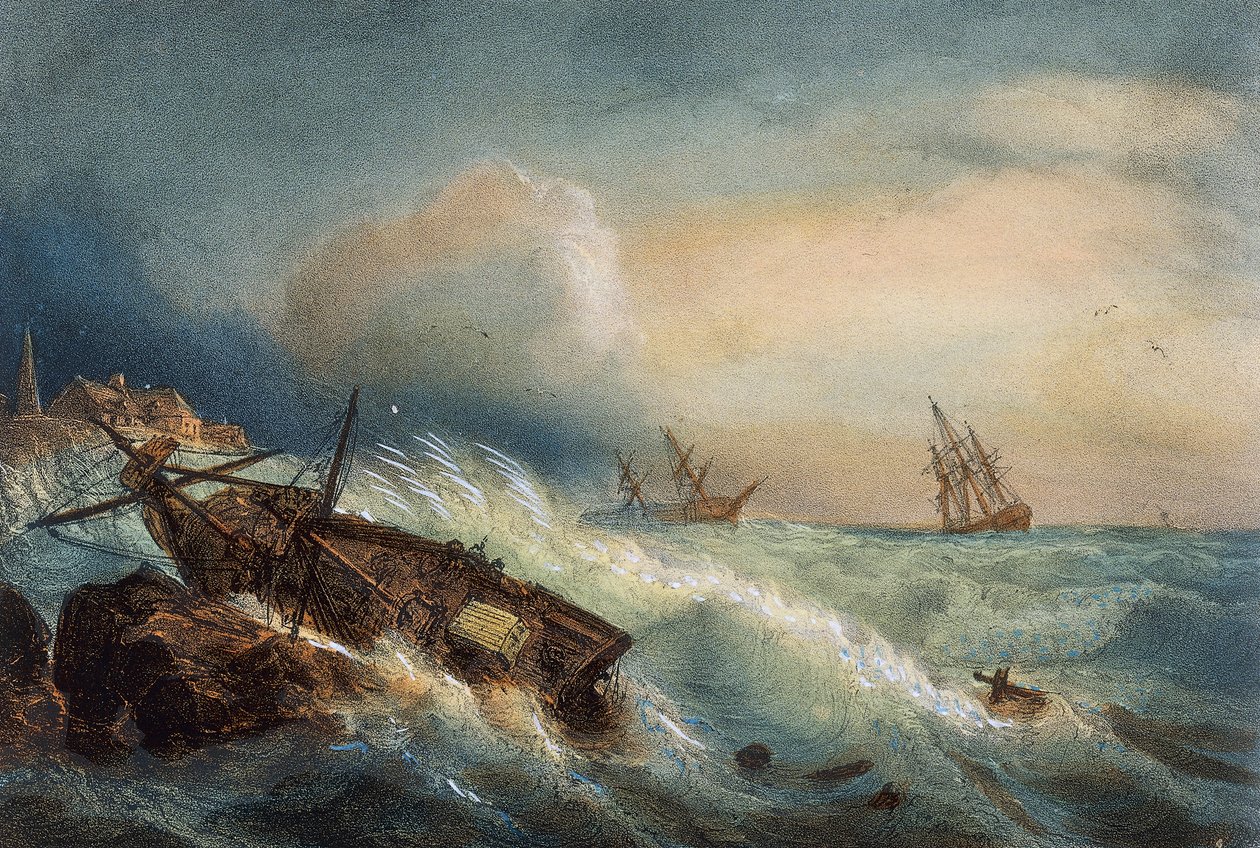 Schiffswrack an der Küste von Saint Nazaire, Farblithographie von Ferdinand Perrot von Ferdinand Victor Perrot