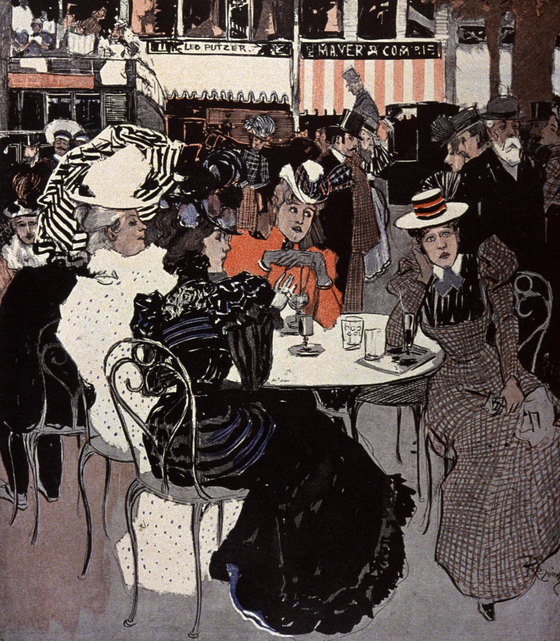 Frau spricht an einem Tisch vor einem Café. Illustration von Von Reznicek in: Simplicissimus, Deutschland von Ferdinand von Reznicek