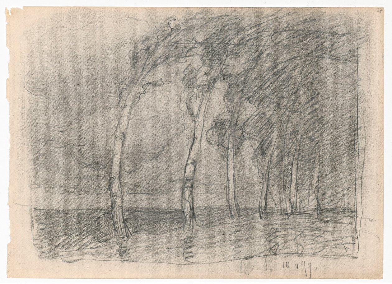 Birken während eines Sturms, Studie zum Gemälde "Ballade"; verso: Fragment eines Gebäudeskizze von Ferdynand Ruszczyc