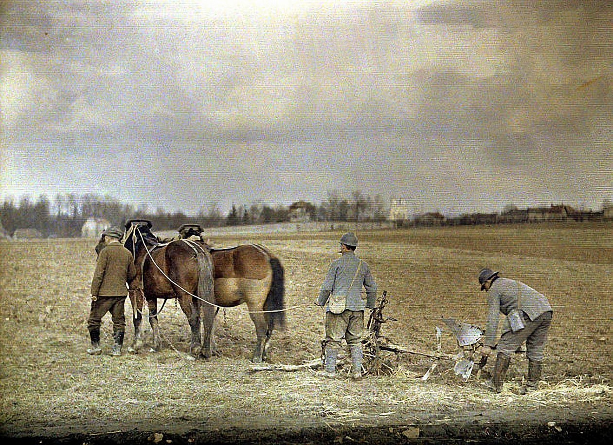 Ein Bauer und zwei französische Soldaten pflügen mit zwei Pferden, Marne, Frankreich, 1917 von Fernand Cuville