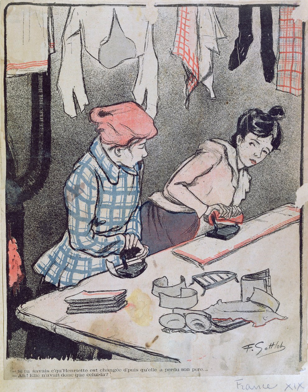 Karikatur, die zwei Waschfrauen beim Tratschen zeigt, Ende des 19. Jahrhunderts von Fernand Louis Gottlob