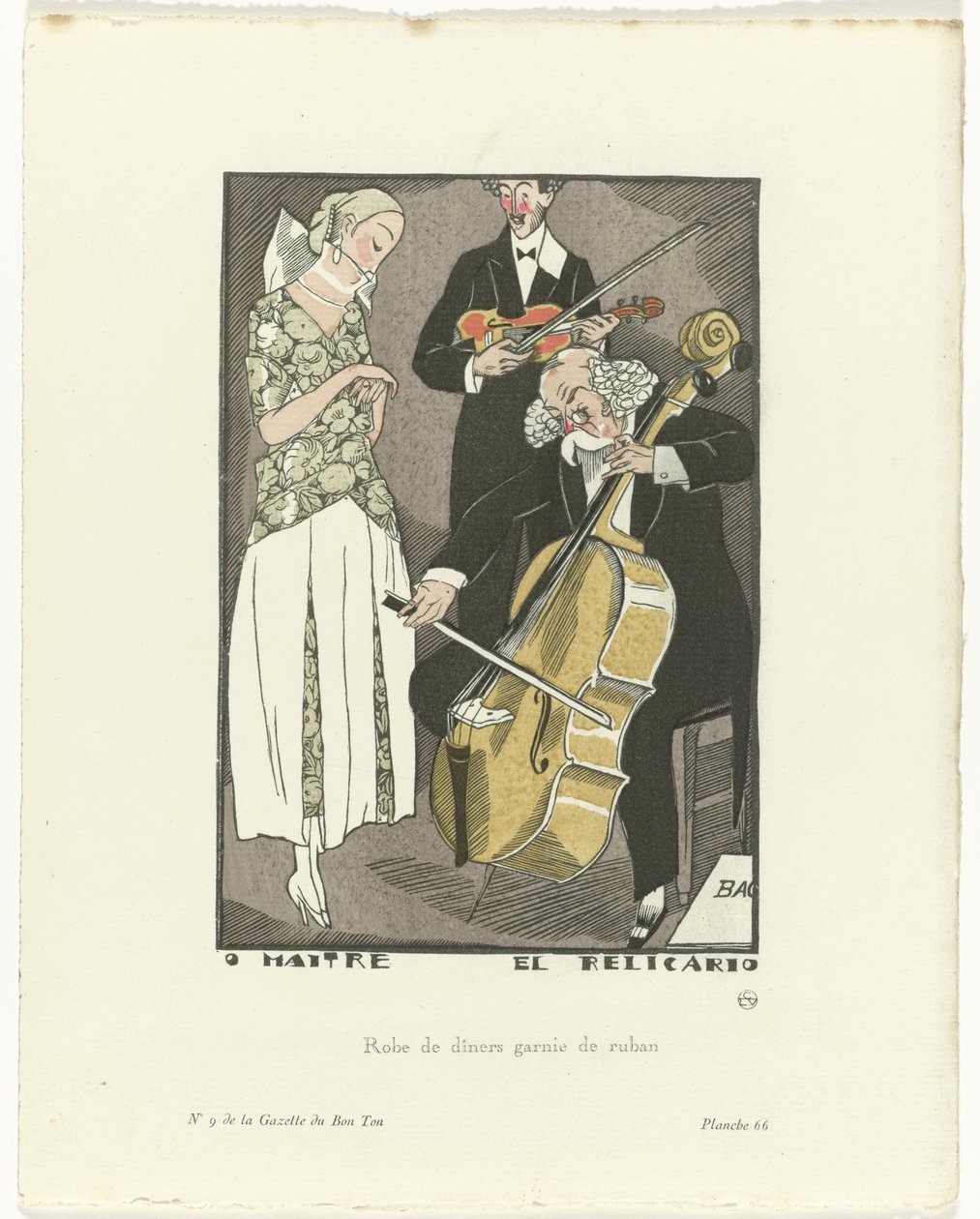Gazette du Bon Ton, 1920 - Nr. 9, Pl. 66: O Maitre el Relicario / Abendkleid mit Band verziert von Fernand Siméon