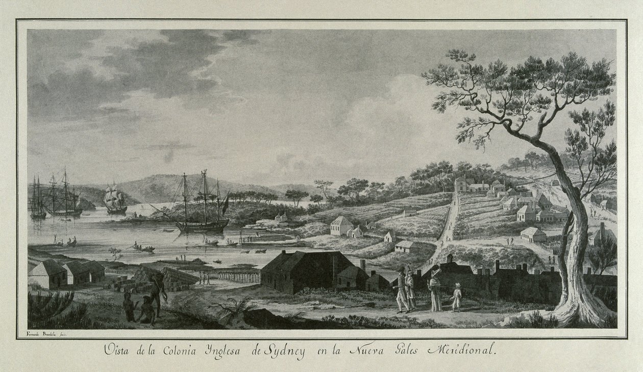 MALASPINA, Alejandro (1754-1809). Italienisch-spanischer Navigator und Entdecker.; BRAMBILA, Fernando (1763-1834). Maler. Australien (18. Jh.). Englische Kolonie New South Wales. Zeichnung von Fernando Brambila, die die wissenschaftliche Expedition von Ale von Fernando Brambila