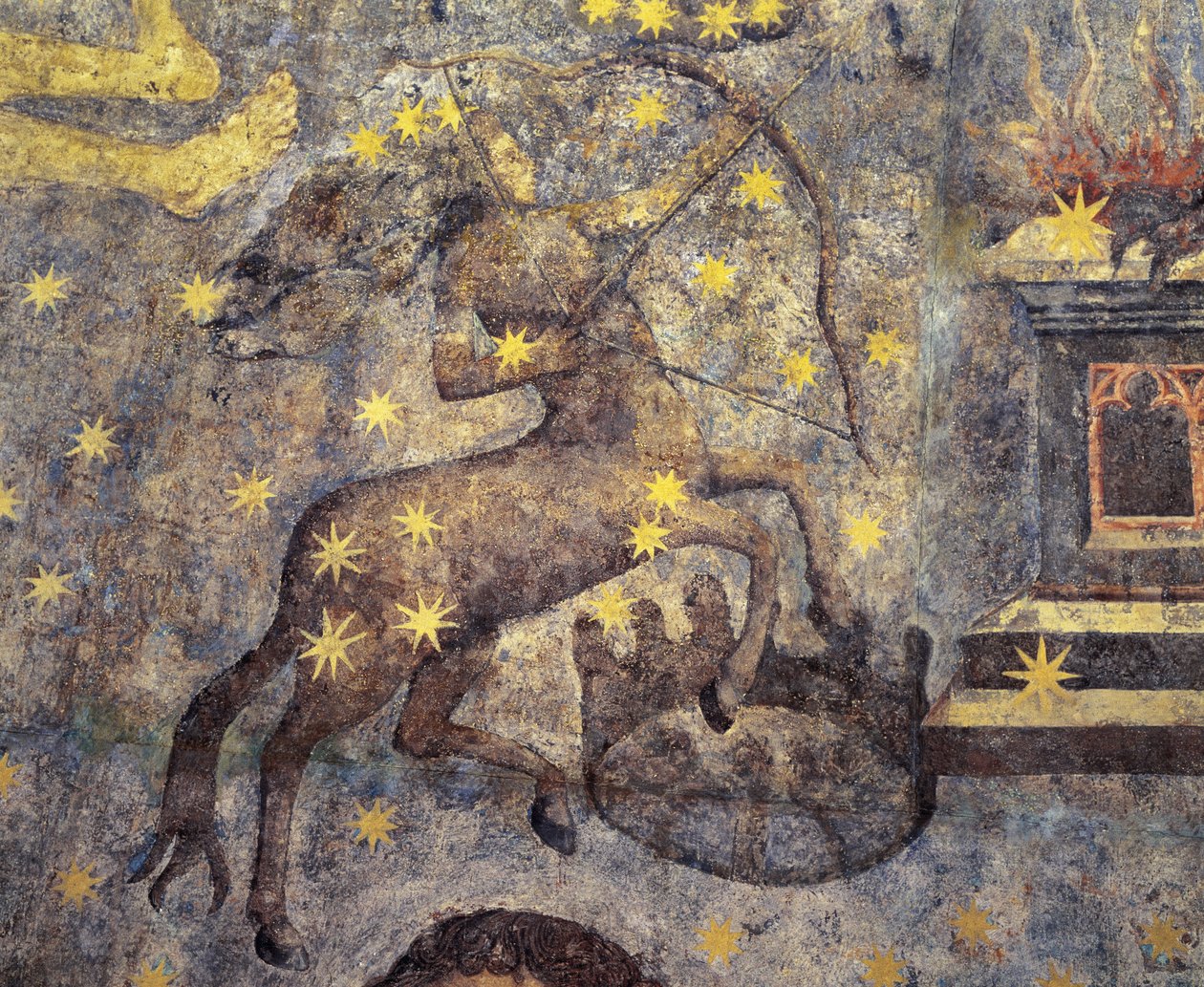 Gotik. Kuppel des Tierkreises (1485) von Fernando Gallego. XV Jahrhundert. Wandmalereien. Sie schmücken die Bibliothek der Universität Salamanca, Kastilien, Spanien. Stellt Tierkreiszeichen dar. Zentaur. Symbol des Sternbildes. von Fernando Gallego