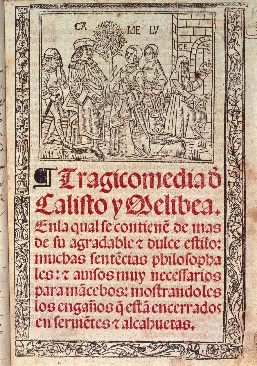 Miniatur auf Pergament auf dem Einband der Celestina oder Tragicomedia de Calisto y Melibea, spanisches Manuskript von Fernando de Rojas, veröffentlicht 1531 von Fernando de Rojas
