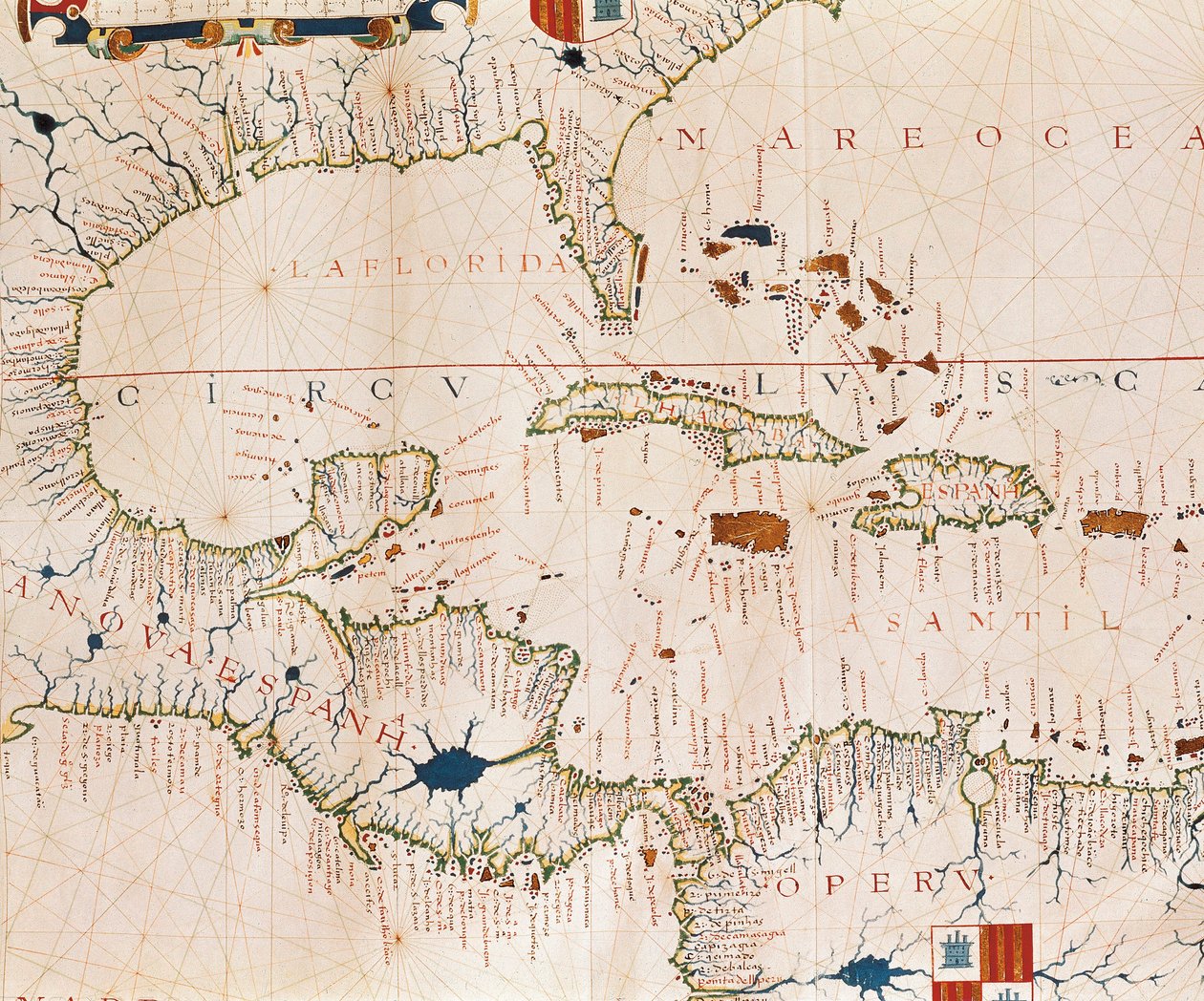 Portulan: Geografische Karte mit den Namen der Küstenlinie von Kuba, Florida, Zentralamerika und Nordlateinamerika, Hydrographischer Atlas von Fernao VAZ DOURADO (16. Jahrhundert) von Fernao Vaz Dourado