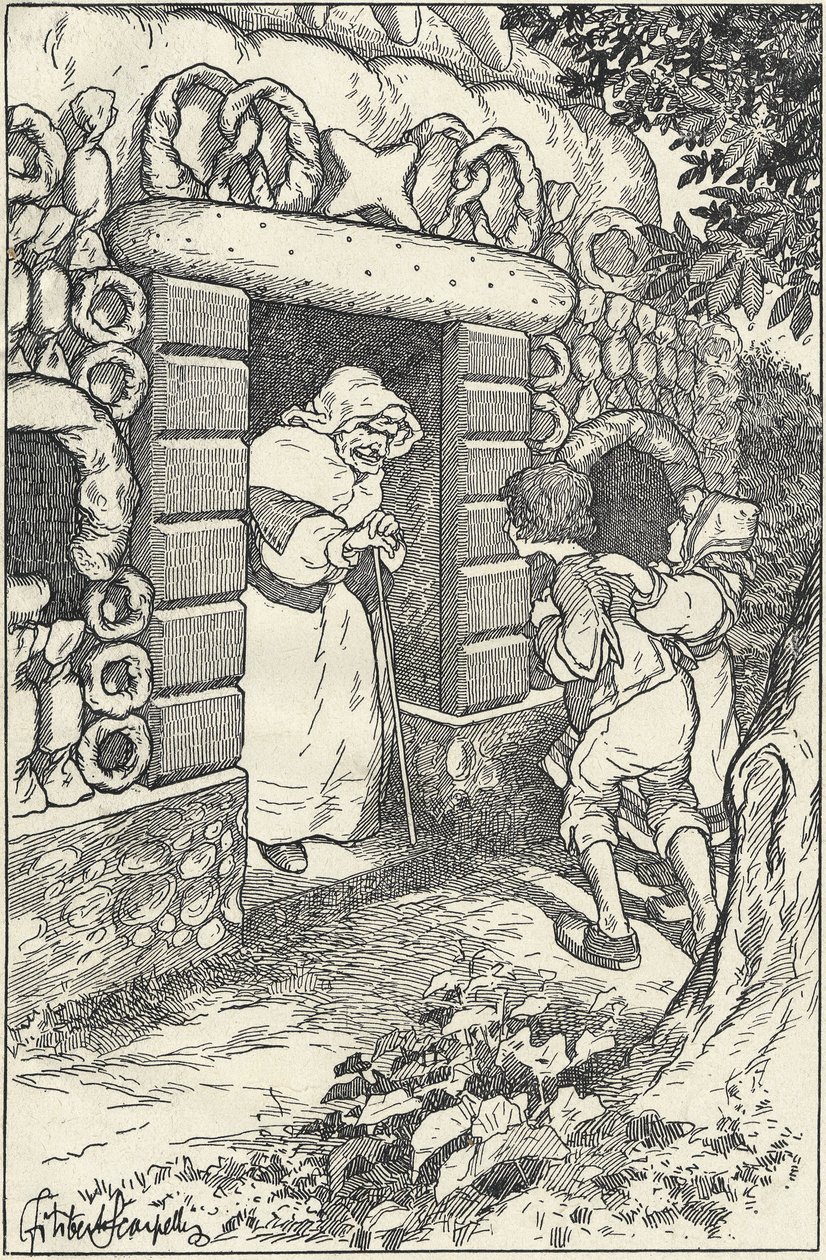 Zwei Kinder im Lebkuchenhaus im Wald. Illustration von F. Scarpelli für das Märchen Hänsel und Gretel nach einer Sammlung der Brüder Grimm. Schneewittchen und andere Märchen, Florenz von Filiberto Scarpelli