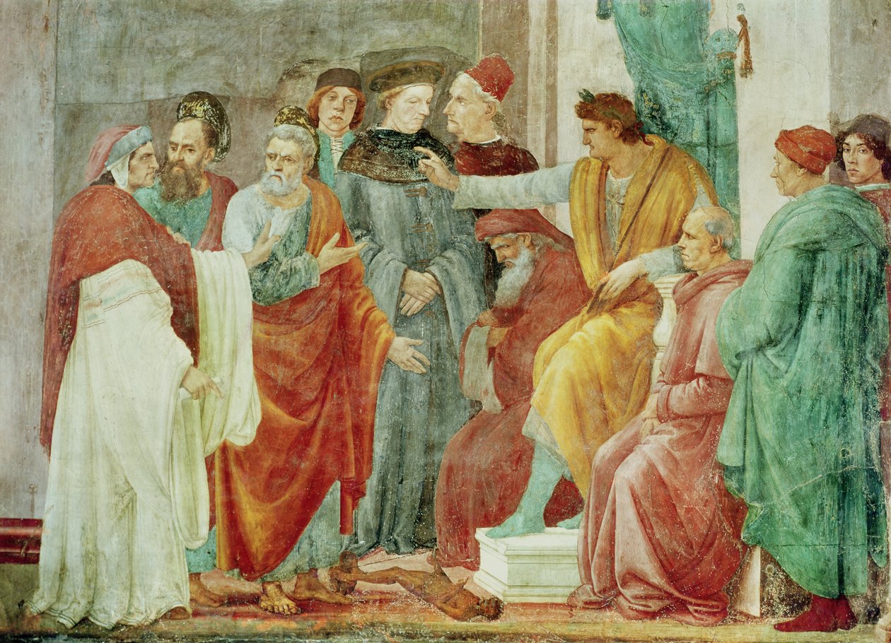 Der Streit mit Simon Mago (Nero auf dem Thron), untere Ebene der Wand rechts vom Altar, um 1484-85 von Filippino Lippi